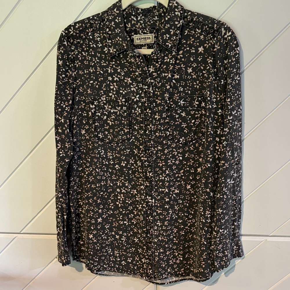 Express boyfriend medium brown and White Floral Button Down Shirt